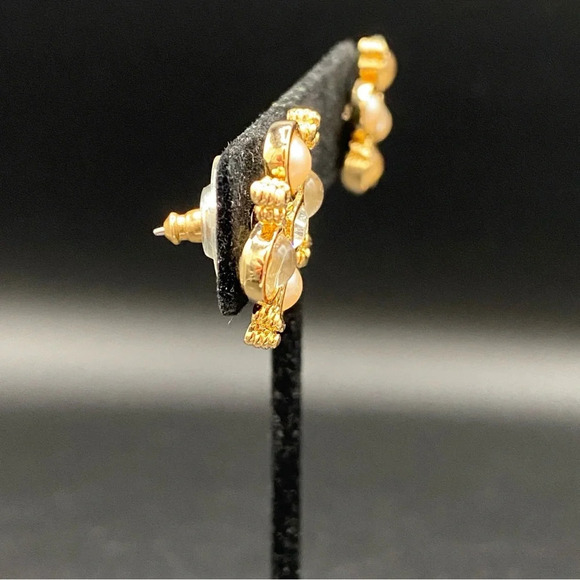 Dainty Faux Pearl and Gold Tone Stud Earrings pierced - Picture 5 of 11